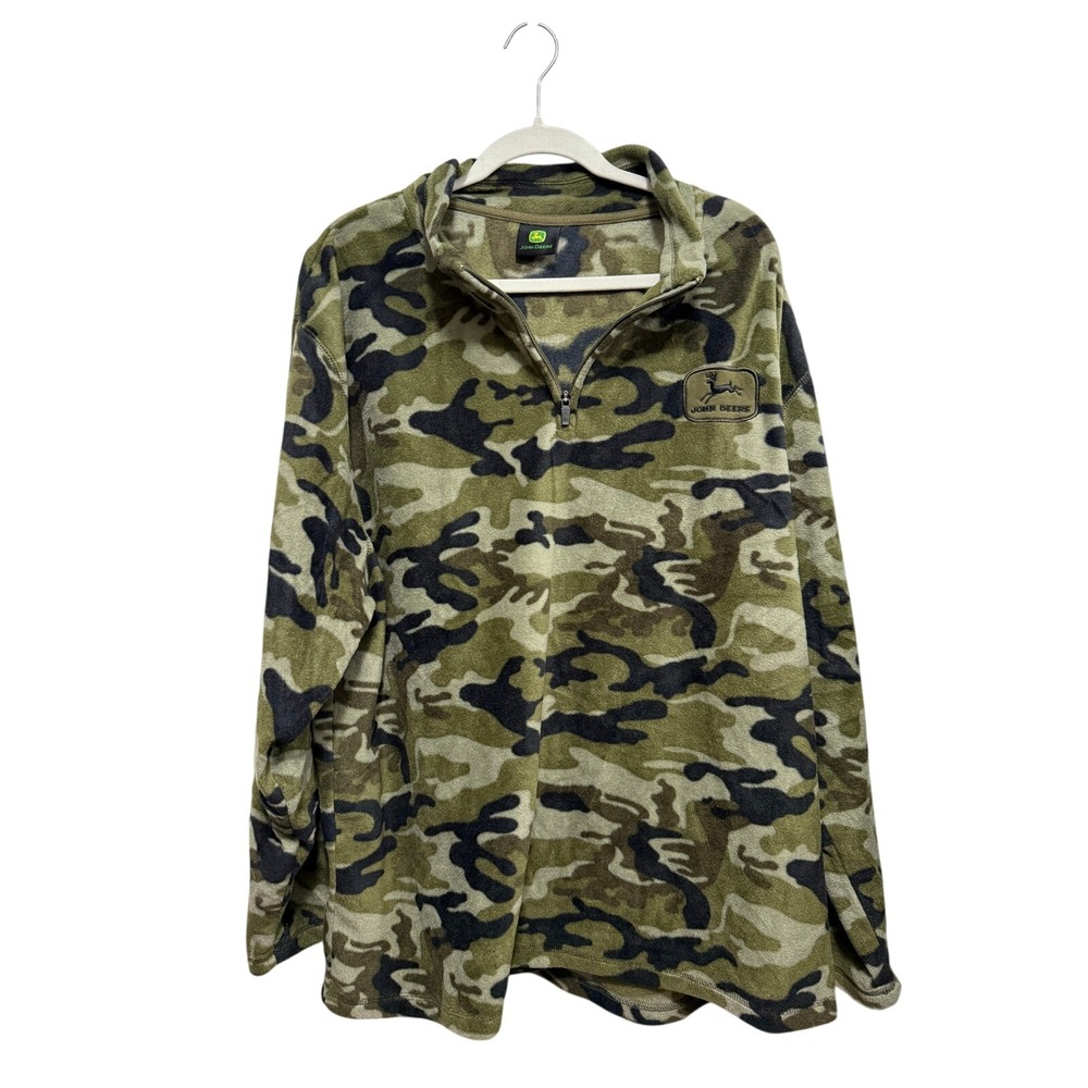 John Deere Mens‎ XXL Camo Fleece Quarter Zip Pullover Woodland Camouflage Jacket